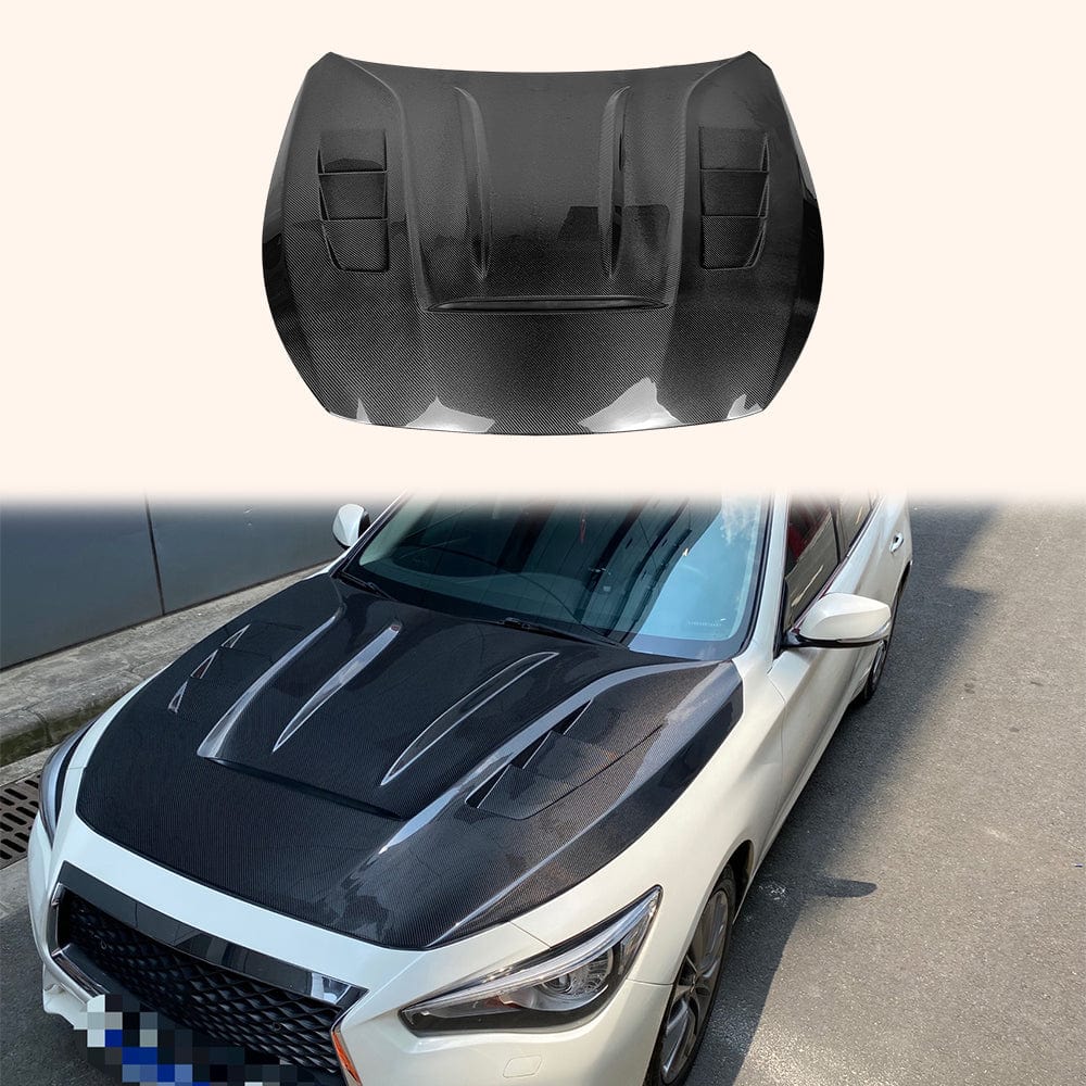 Infiniti Q50 V37 AMS Style Front Vented Bonnet Hood 2013-2024 Kazento Carbon Parts Carbon Fiber Q50-HOOD-AMS-CF