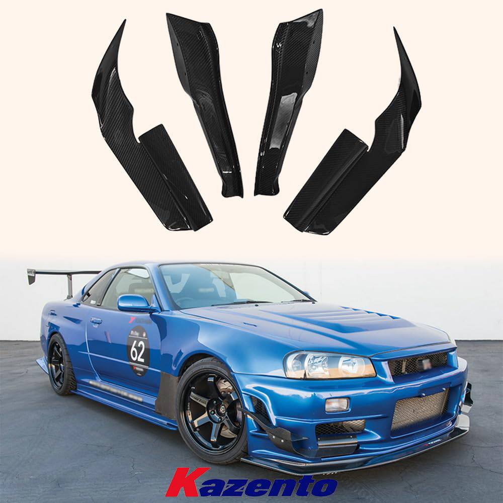 Kazento For Nissan Skyline R34 GTR AS Type Carbon Front Bumper Canard Side Splitter 4pcs