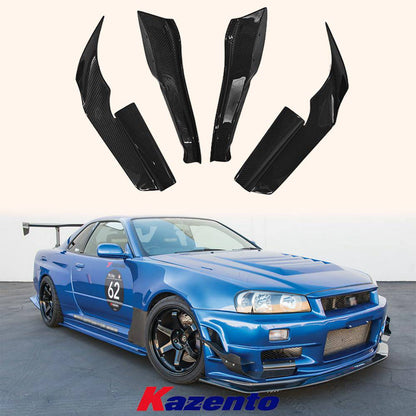 Kazento For Nissan Skyline R34 GTR AS Type Carbon Front Bumper Canard Side Splitter 4pcs