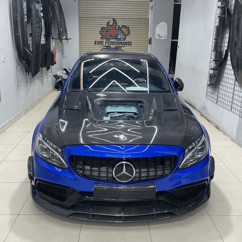 Mercedes W205 C63 AMG Front Vented Hood W/Transparent Window 2015-2022 Kazento Carbon Parts