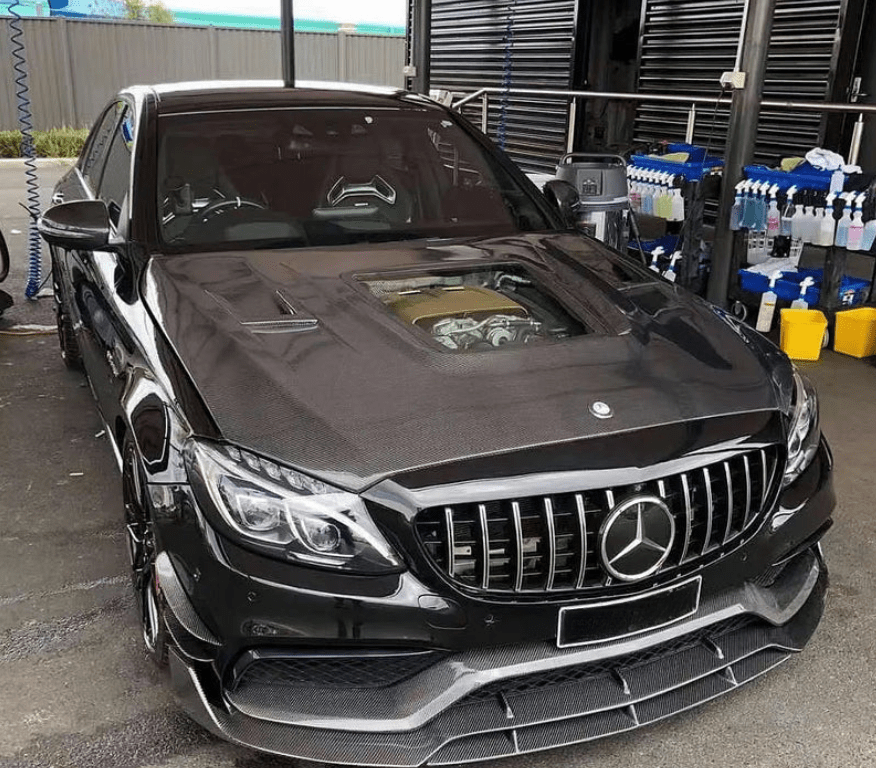 Mercedes W205 C63 AMG Front Vented Hood W/Transparent Window 2015-2022 Kazento Carbon Parts