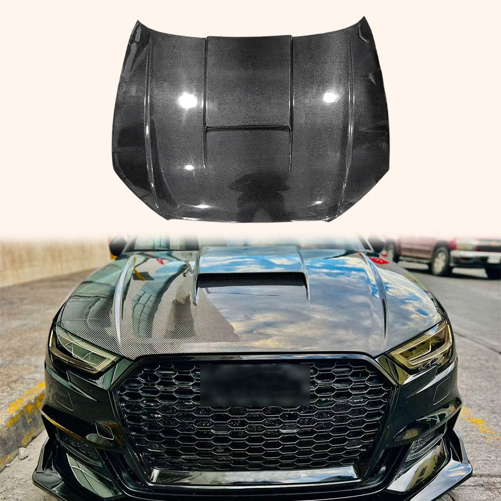 АUDI A3 S3 RS3 8V Vented Bonnet Hood 2014-2020 Kazento Carbon Parts Carbon Fiber RS3-HOOD-LN-CF